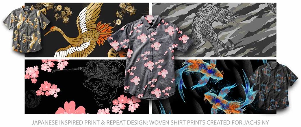Japanese inspired print and repeat designs on woven shirts for Jacks NY