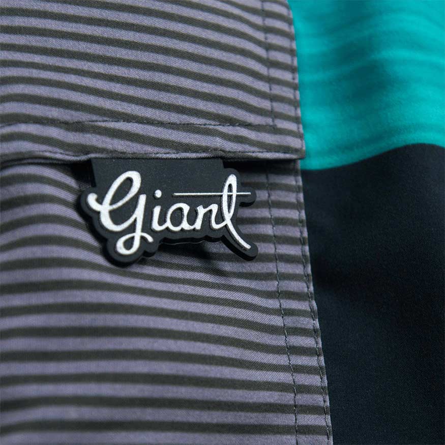 Close detail of striped boardshort branding