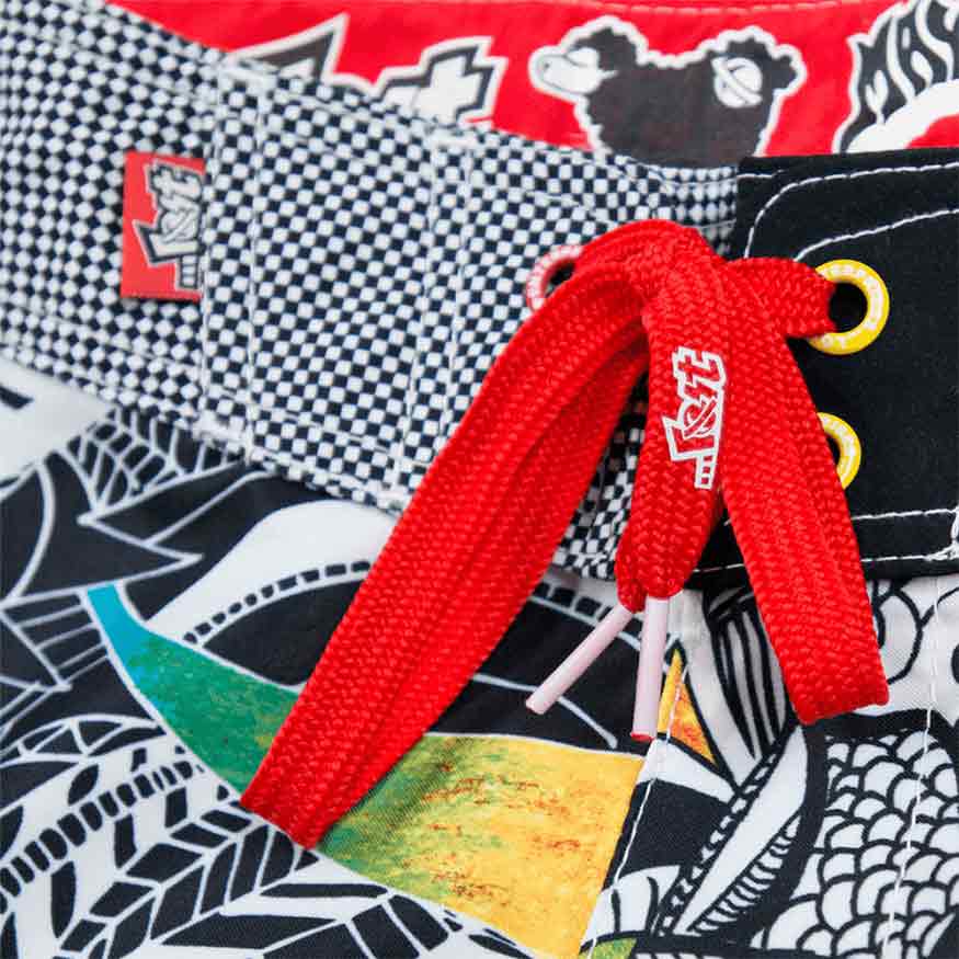 Red drawstring and graphic print detail