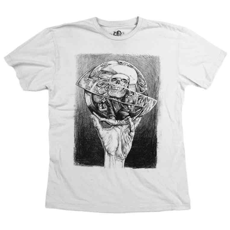 White graphic tee with monochrome portrait