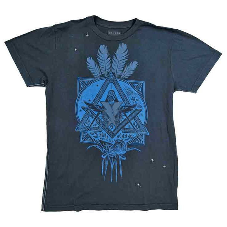 Dark tee with blue geometric illustration