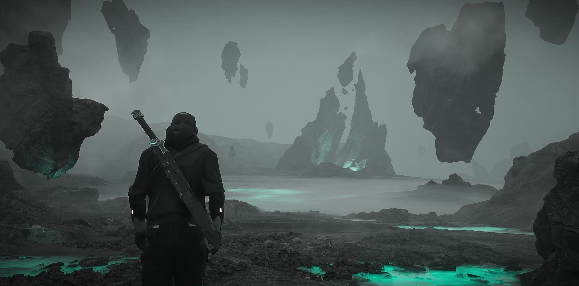 Explorer in a floating rock landscape